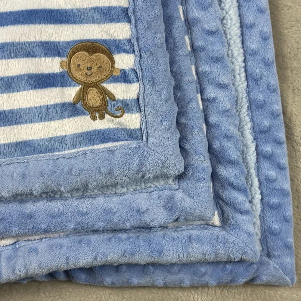 Carters Child of Mine Blue White Stripe Minky Dot Sherpa Baby Blanket Monkey